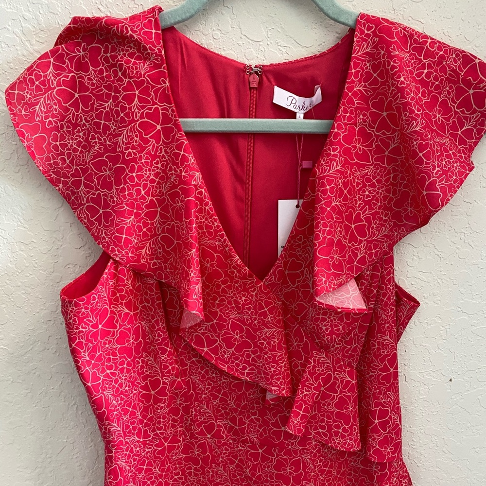 Parker 🌺 Pink Hydrangea Floral Ruffles Mini Dress - Picture 3 of 11